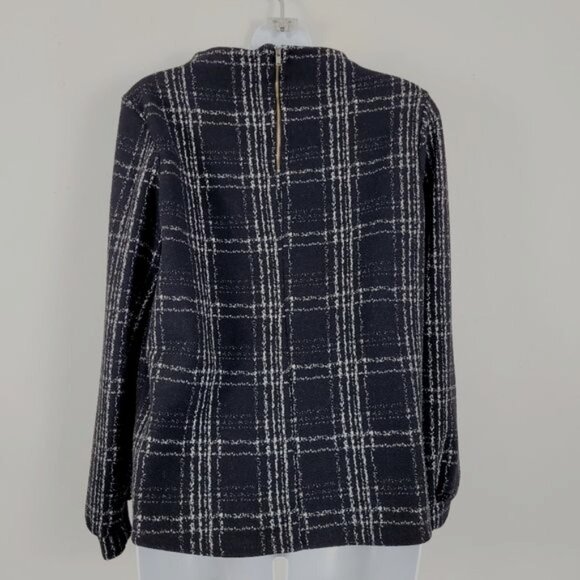 W5 Knit Top Black White Plaid Long Sleeve Wide Mock Neck Exposed Back Zip MED - Picture 2 of 4